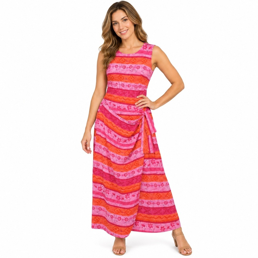 Sag Harbor Maxi Dress Sz 10 Pink Orange Geometric Draped Faux Wrap Sleeveless